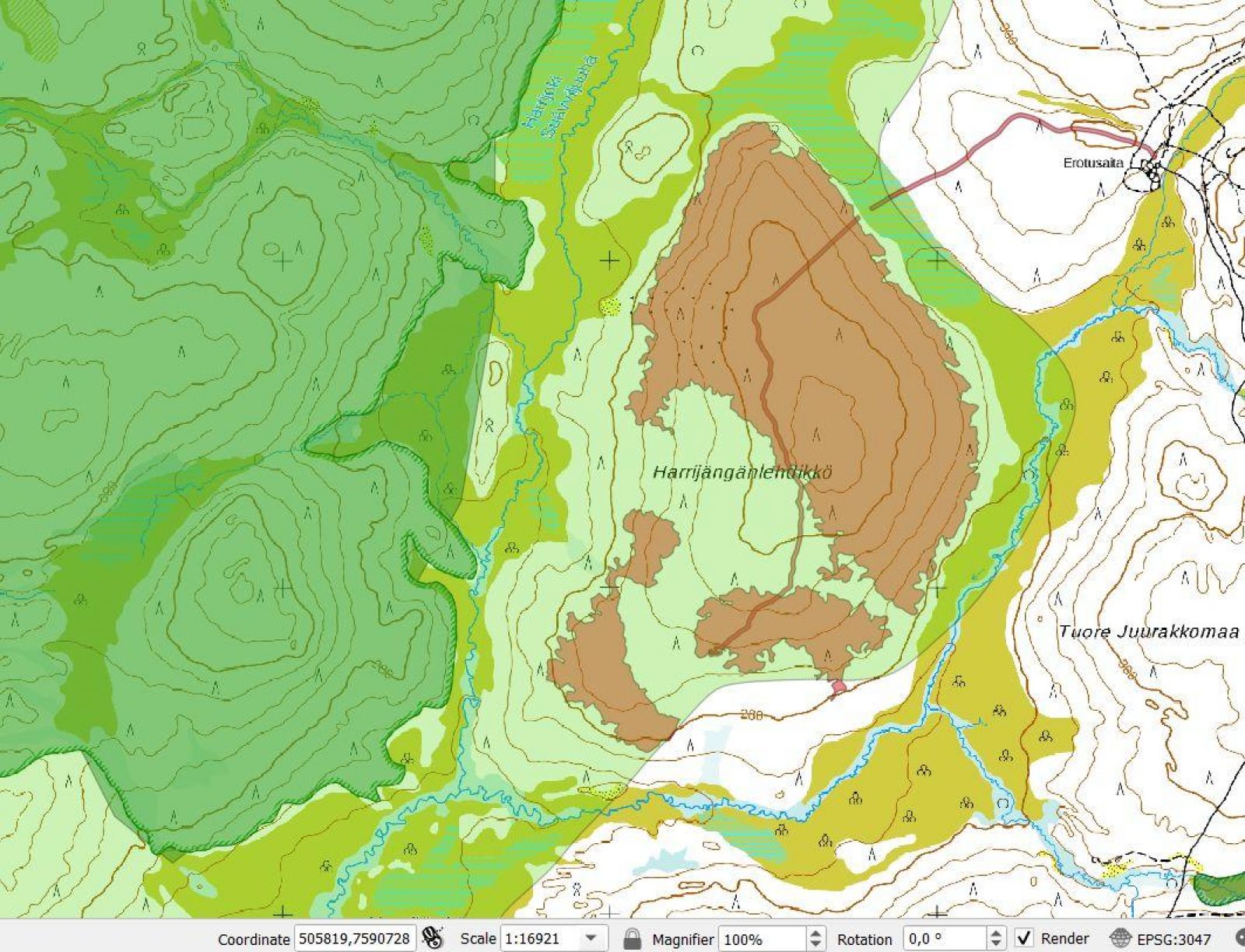 Tumma vihreä = suojeltu erämaa, vaalea vihreä = IFL- alue, punainen: uusi tielinja ja hakkuut